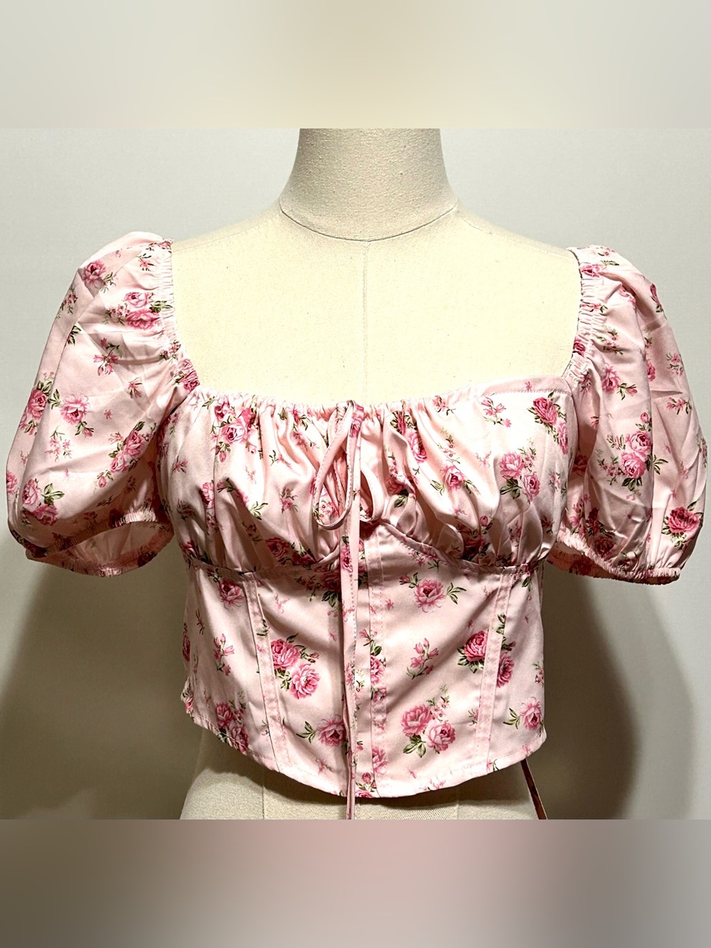 SHEIN Pink Floral Puff-Sleeve Corset Crop Top